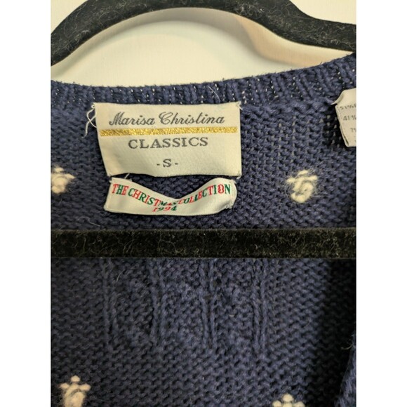 Vintage 1995 Marisa Christina Christmas Sweater Small Navy Blue Golden Buttons - Picture 3 of 6